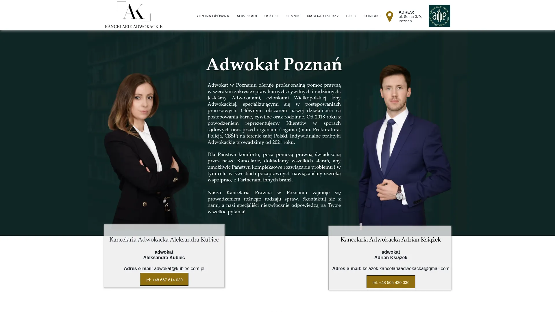 Zrzut ekranu strony Kancelaria Adwokacka Aleksandra Kubiec
